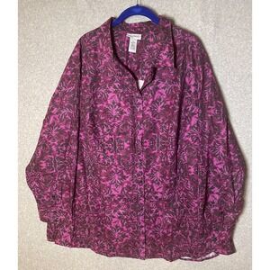 Catherines Top Button Up Womens 3X Purple Floral Longsleeve Careerwear Office